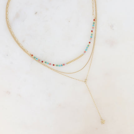 Collier 3 rangs - pierres naturelles avec tube strié, maille fine gourmette, forçat style Y avec fleur