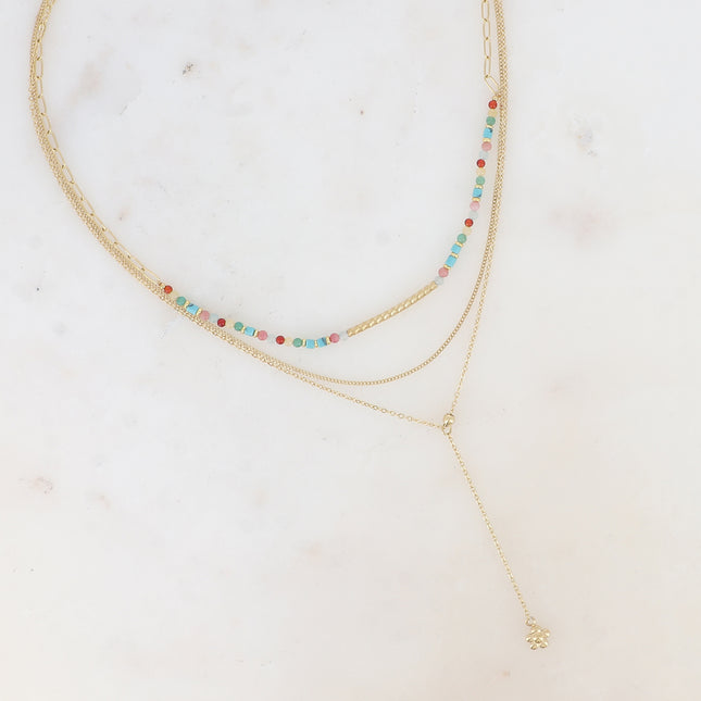 Three-strand necklace - natural stones with grooved tube, fine curb chain, Y-style cable with flower