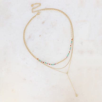 Collier 3 rangs - pierres naturelles avec tube strié, maille fine gourmette, forçat style Y avec fleur