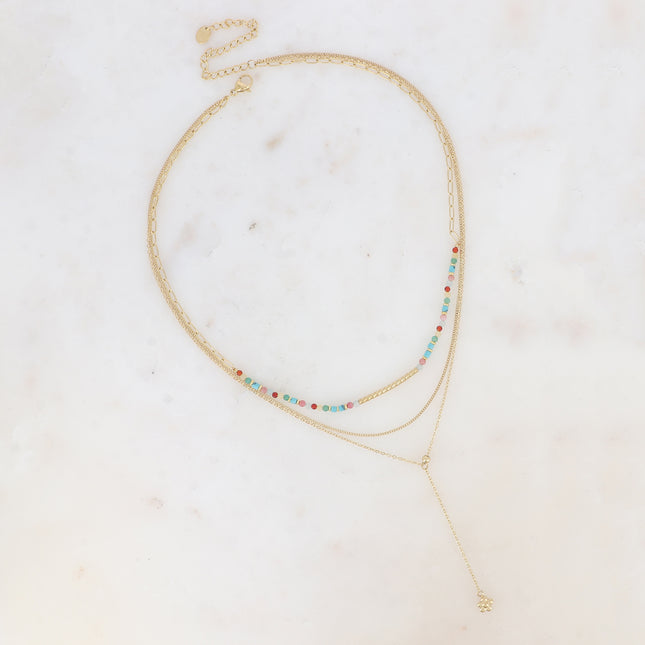 Three-strand necklace - natural stones with grooved tube, fine curb chain, Y-style cable with flower