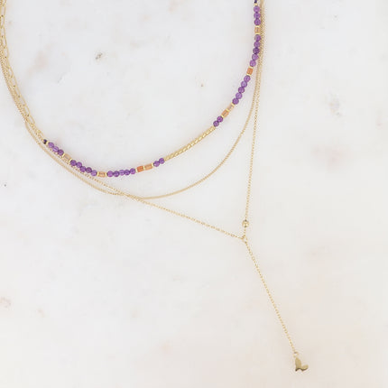 Collier 3 rangs Louise - pierres naturelles avec tube strié, maille fine gourmette, forçat style Y avec papillon