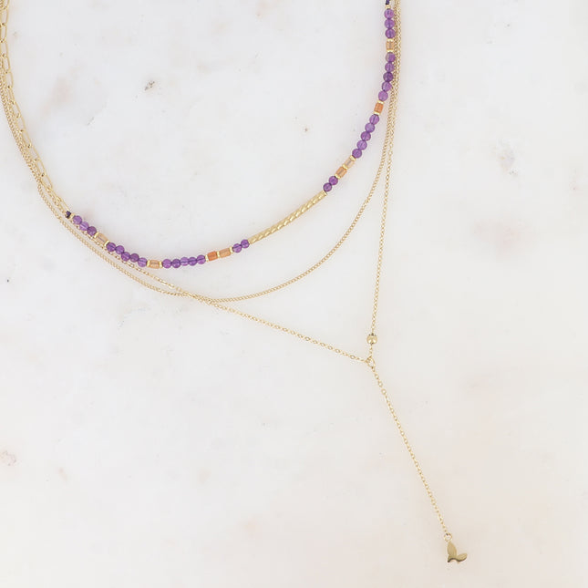 Louise 3-strand necklace - natural stones with grooved tube, fine curb chain, Y-style cable with butterfly