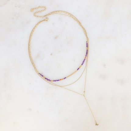 Collier 3 rangs Louise - pierres naturelles avec tube strié, maille fine gourmette, forçat style Y avec papillon
