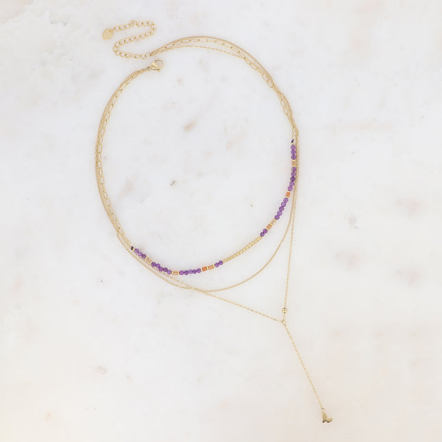 Louise 3-strand necklace - natural stones with grooved tube, fine curb chain, Y-style cable with butterfly