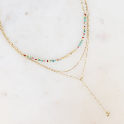 Collier 3 rangs Louise - pierres naturelles avec tube strié, maille fine gourmette, forçat style Y avec papillon