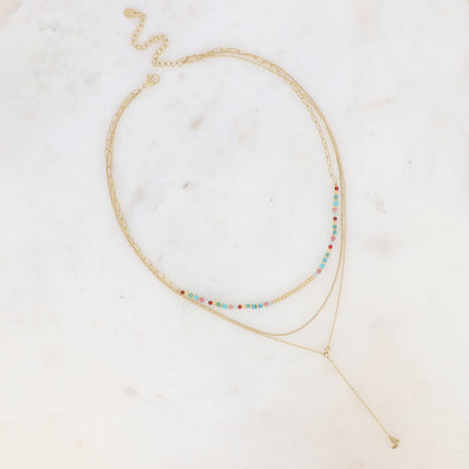 Collier 3 rangs Louise - pierres naturelles avec tube strié, maille fine gourmette, forçat style Y avec papillon