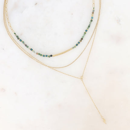 Collier 3 rangs - pierres naturelles avec tube strié, maille fine gourmette, forçat style Y avec éclair