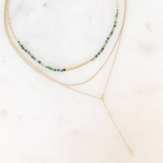 Collier 3 rangs - pierres naturelles avec tube strié, maille fine gourmette, forçat style Y avec éclair