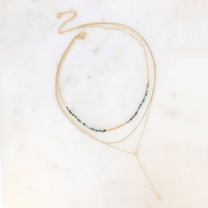 Collier 3 rangs - pierres naturelles avec tube strié, maille fine gourmette, forçat style Y avec éclair
