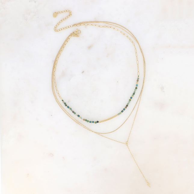 Collier 3 rangs - pierres naturelles avec tube strié, maille fine gourmette, forçat style Y avec éclair
