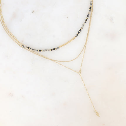 Collier 3 rangs - pierres naturelles avec tube strié, maille fine gourmette, forçat style Y avec éclair
