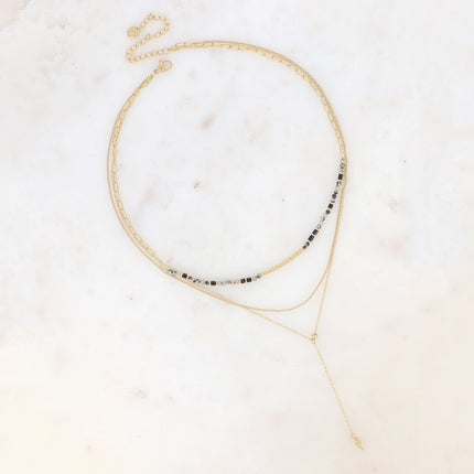 Collier 3 rangs - pierres naturelles avec tube strié, maille fine gourmette, forçat style Y avec éclair