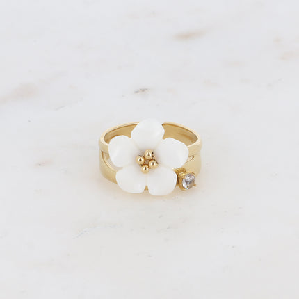 Bague Alixiane - 2 rangs avec cristal rond et fleur nacrée