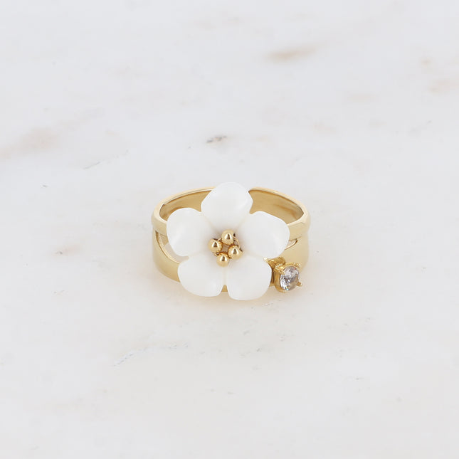 Bague Alixiane - 2 rangs avec cristal rond et fleur nacrée