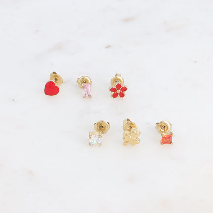 Set de 6 puces - coeur, cristaux rond, rectangulaire et carré, fleur et trèfle