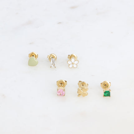 Set de 6 puces - coeur, cristaux rond, rectangulaire et carré, fleur et trèfle