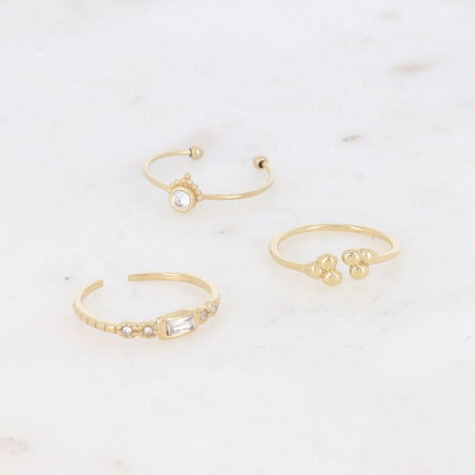 Set of 3 thin rings - round crystal, rectangular crystal and 3 grains
