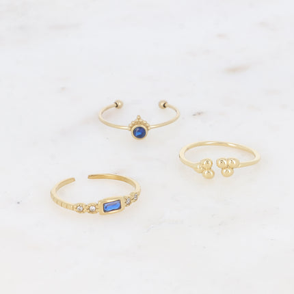 Set of 3 thin rings - round crystal, rectangular crystal and 3 grains