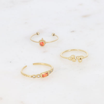 Set of 3 thin rings - round crystal, rectangular crystal and 3 grains