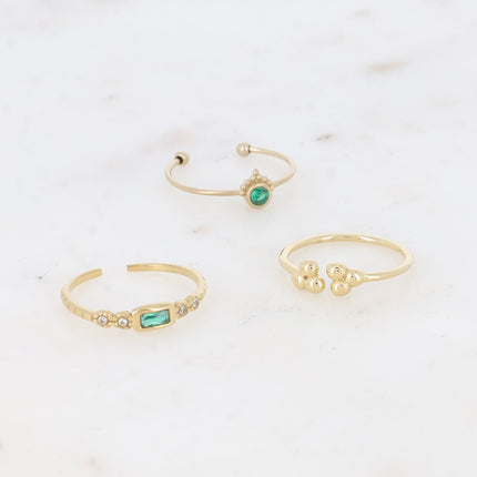 Set of 3 thin rings - round crystal, rectangular crystal and 3 grains