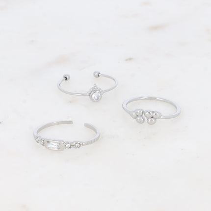 Set of 3 thin rings - round crystal, rectangular crystal and 3 grains