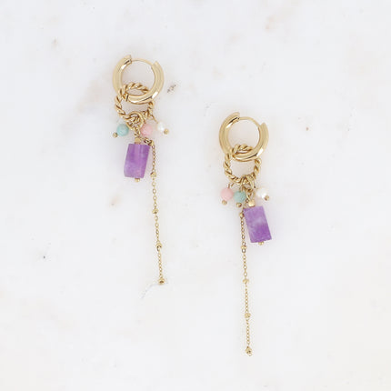 Creole earrings - twisted ring, natural stones, dangling ball chains