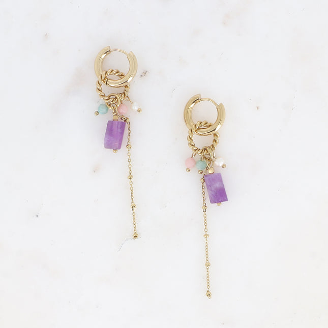 Creole earrings - twisted ring, natural stones, dangling ball chains