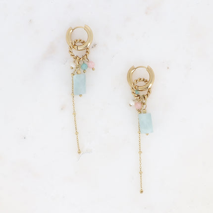 Creole earrings - twisted ring, natural stones, dangling ball chains