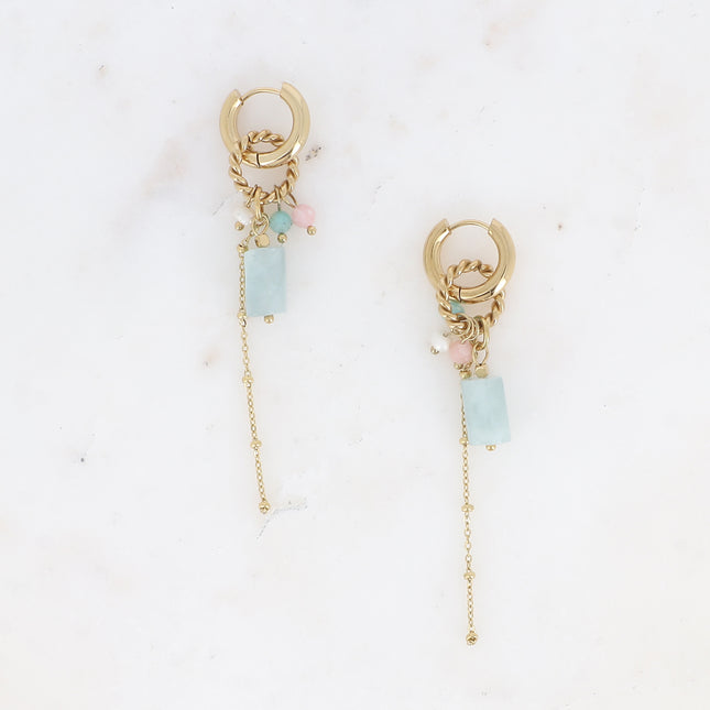 Creole earrings - twisted ring, natural stones, dangling ball chains