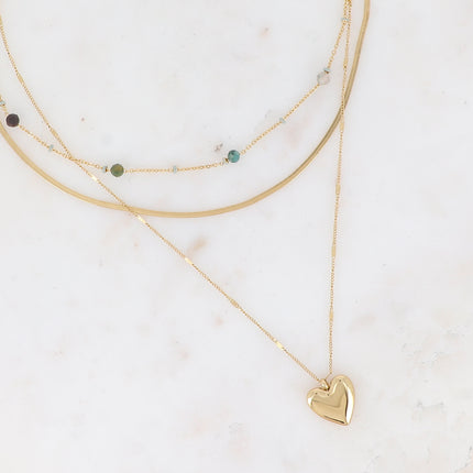 Collier 3 rangs - perles émaillées, pierres naturelles, mailles miroir et forçat alternée avec pendentif coeur