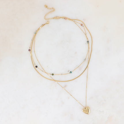 Collier 3 rangs - perles émaillées, pierres naturelles, mailles miroir et forçat alternée avec pendentif coeur