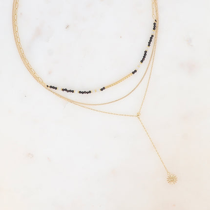 Collier multirangs Arthémice - 3 rangs, gourmette, forçat Y, pierres naturelles et perle tube strié, pendentif oeil ajouré
