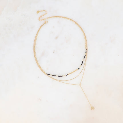 Collier multirangs Arthémice - 3 rangs, gourmette, forçat Y, pierres naturelles et perle tube strié, pendentif oeil ajouré