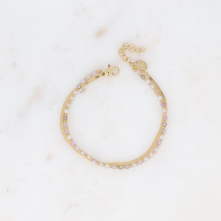 Bracelet 2 rangs Rosalie - maille miroir, perles et pierres naturelles rondes