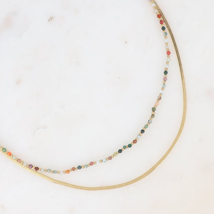 Collier 2 rangs Rosalie - maille miroir, perles et pierres naturelles rondes