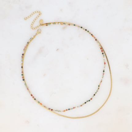 Collier 2 rangs Rosalie - maille miroir, perles et pierres naturelles rondes