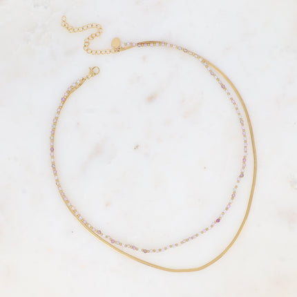 Collier 2 rangs Rosalie - maille miroir, perles et pierres naturelles rondes