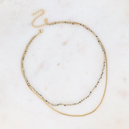 Collier 2 rangs Rosalie - maille miroir, perles et pierres naturelles rondes
