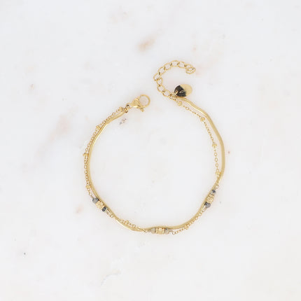 Bracelet 2 rangs - maille miroir, perles cylindriques diamantées et pierres naturelles rondes