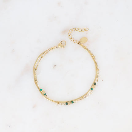 Bracelet 2 rangs - maille miroir, perles cylindriques diamantées et pierres naturelles rondes
