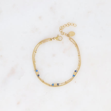Bracelet 2 rangs - maille miroir, perles cylindriques diamantées et pierres naturelles rondes