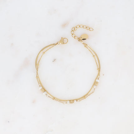 Bracelet 2 rangs - maille miroir, perles cylindriques diamantées et pierres naturelles rondes