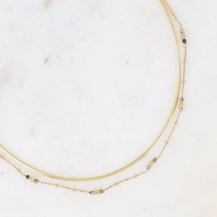 Collier 2 rangs - maille miroir, perles cylindriques diamantées et pierres naturelles rondes