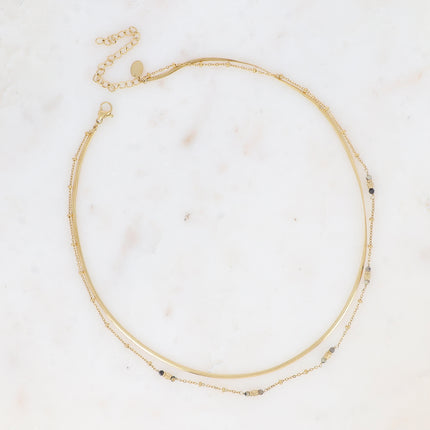 Collier 2 rangs - maille miroir, perles cylindriques diamantées et pierres naturelles rondes