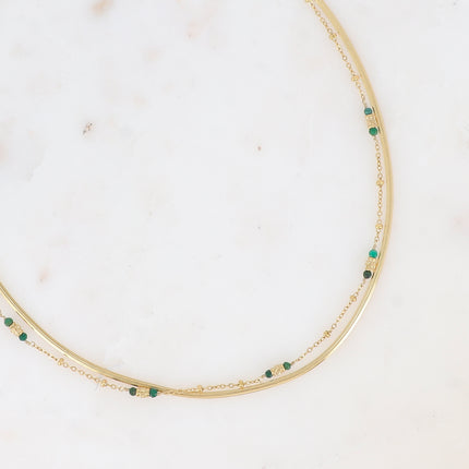 Collier 2 rangs - maille miroir, perles cylindriques diamantées et pierres naturelles rondes