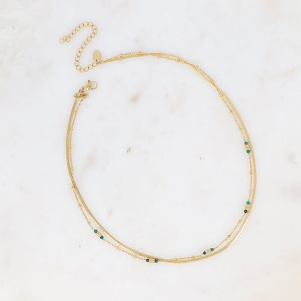 Collier 2 rangs - maille miroir, perles cylindriques diamantées et pierres naturelles rondes
