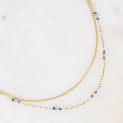 Collier 2 rangs - maille miroir, perles cylindriques diamantées et pierres naturelles rondes