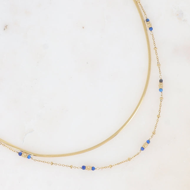 Two-strand necklace - mirrored mesh, diamond-cut cylindrical beads and round natural stones