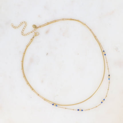 Collier 2 rangs - maille miroir, perles cylindriques diamantées et pierres naturelles rondes