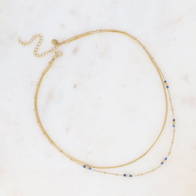 Two-strand necklace - mirrored mesh, diamond-cut cylindrical beads and round natural stones